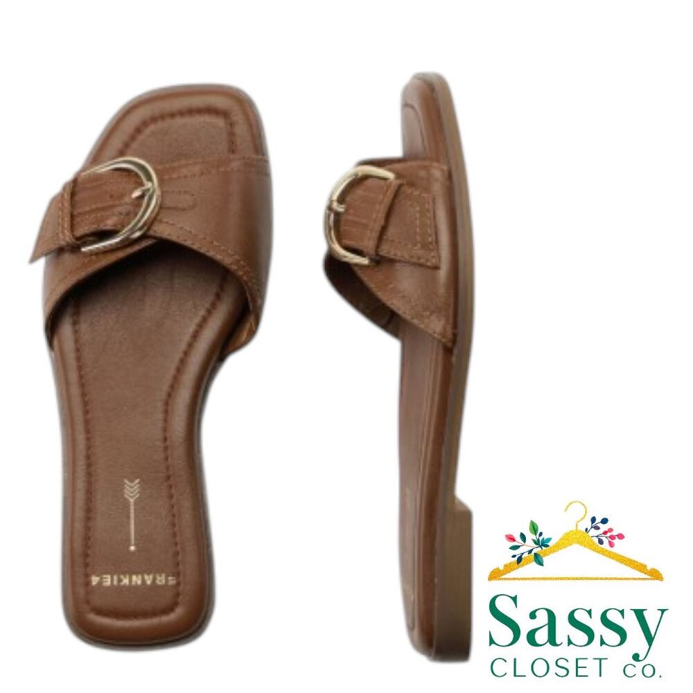 ✨ FRANKiE4 Tate Deep Tan Leather Slide Sandals 9 LuxaLite Orthopedic NWOT 🌿